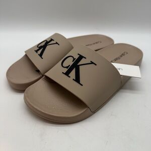 NEW Calvin Klein Arin Logo Beachcore Slides Women's 8M Taupe Sandals Coastalcore